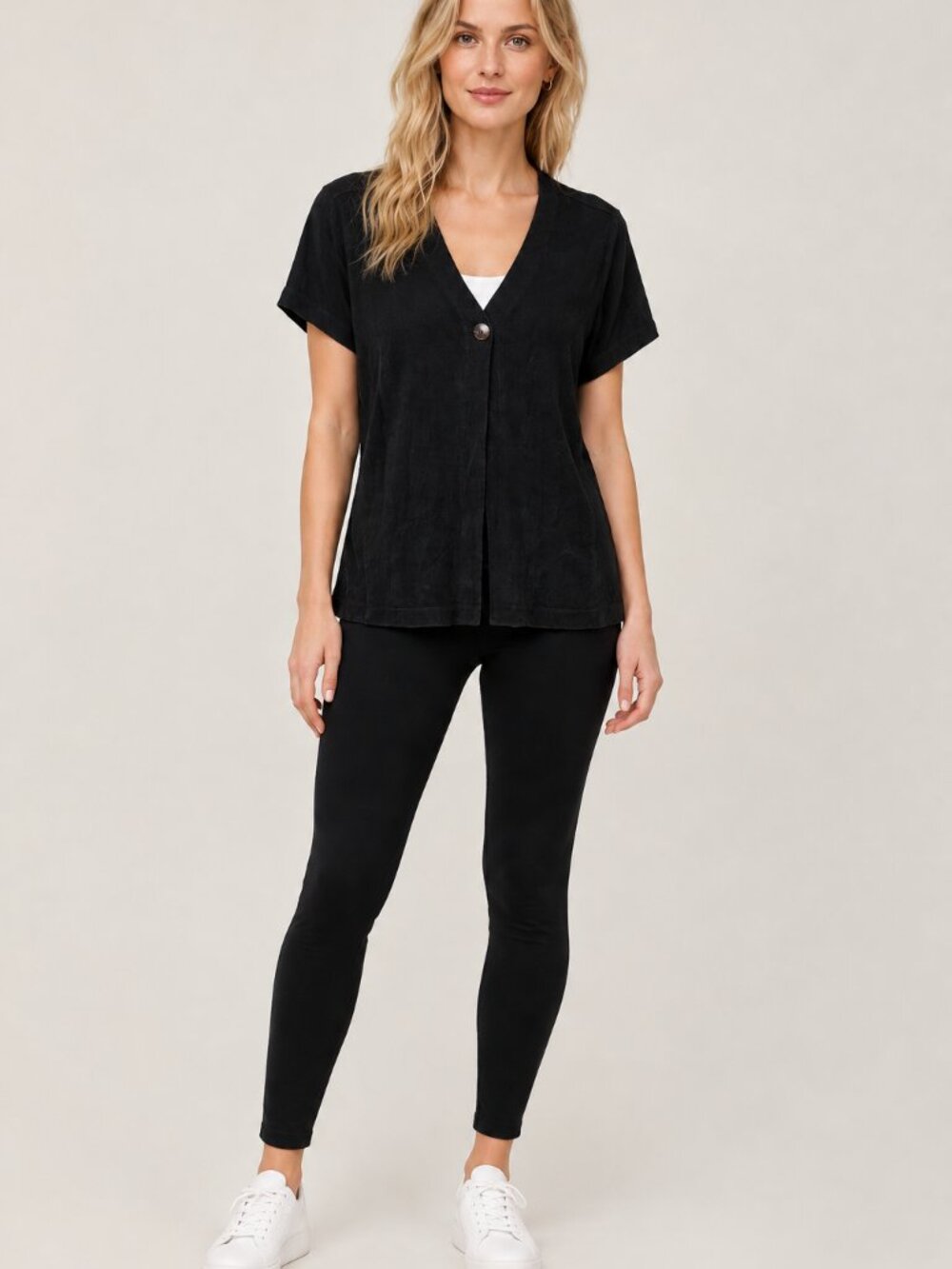 2/$30 Chico's Travelers One-Button V-Neck Knit Blazer Top Black 12 #A4212